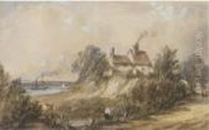 Figures Before A Cottage, A Paddlesteamer On The River Beyond