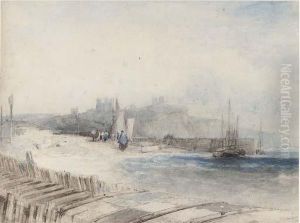 Fisherfolk On The Shore Below Dover Castle by Alfred Gomersal Vickers