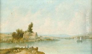 Figure On A River Bank With Boats Beyond