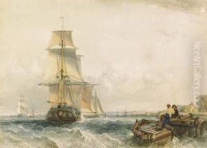 Shipping, With Figures On A Jetty In The Foreground