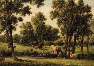 Cattle And Sheep Resting In A Wooded Landscape by Alfred Gomersal Vickers