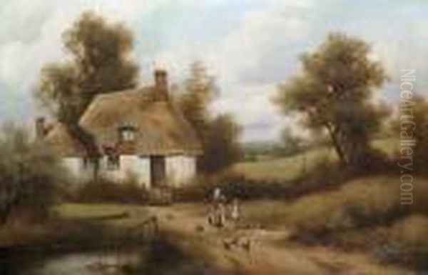 Figures Before A Cottage With Sheep Grazing In The Distance 'c. Vickers' (lower Right) - view 1