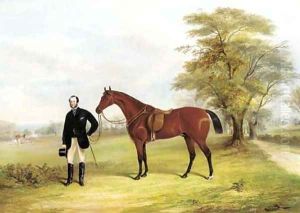 A gentleman with a saddled bay hunter in a parkland by F. C. Freeman