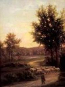 Evening Falls, A Shepherd With His Flock by Henry Harold Vickers