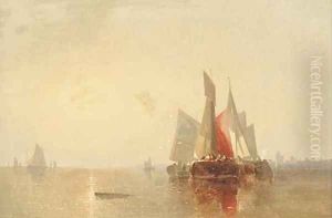 Crowded barges at dusk by George G. Fryer