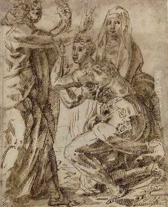 A group of three figures perhaps for Christ in the house of Mary and Martha by Jacopo Di Giovanni Di Francesco (Jacone)