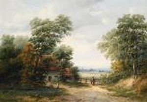 Figures Outside A Cottage With A Villagebeyond by Alfred Vickers