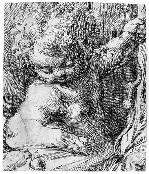 Cupid holding a Bow and looking at two Doves - view 1