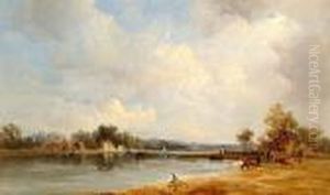 An Extensive River Landscape With Cattle At The Water's Edge.