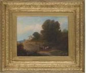 Cattle Watering In A Stream, A Figure On A Bridge Beyond Cattle Watering In A Stream, A Figure On A Bridge Beyond