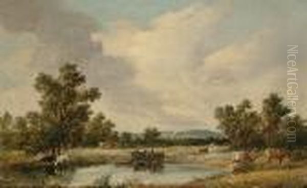Figures And Cattle By A River, Believed To Be The River Gipping Near Ipswich - view 1