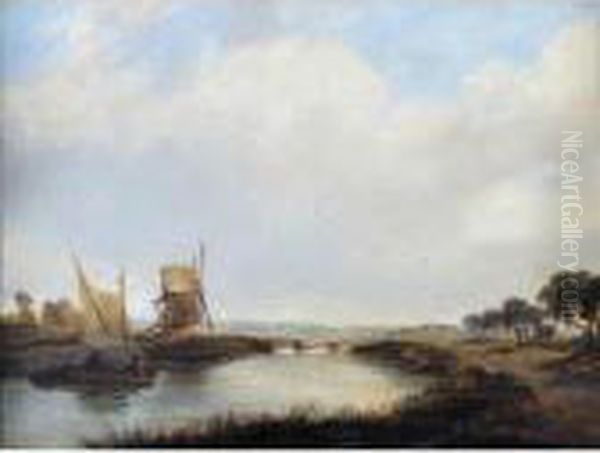 River Landscape With Sailing Boat And Windmill - view 1