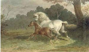 A grey mare galloping through a meadow with her foal at her side by Theodore Fort