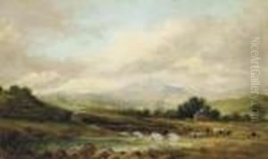 An Extensive River Landscape With Cattle By A Bridge And A Hamletbeyond