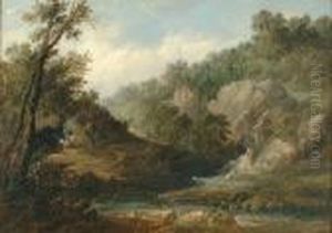 Rocky Country Landscape With A River And Encampment In The Foreground by Alfred Vickers