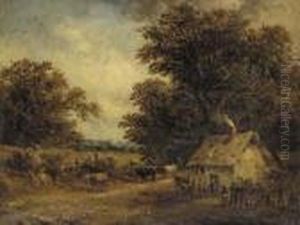 A Farmhouse With Cows In A Landscape