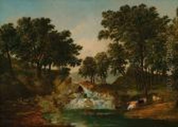 Cattle Watering Near A Waterfall - view 1