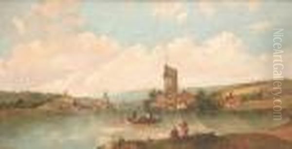 Figures In A Lakeland Landscape With Windmills Beyond - view 1