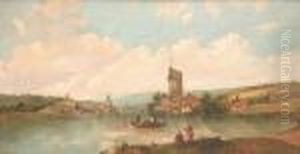 Figures In A Lakeland Landscape With Windmills Beyond by Alfred Vickers