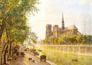 L'lle de la Cite and the Cathedral of Notre Dame, Paris as seem from Quai Montebello by Marie-Francois-Firmin Girard