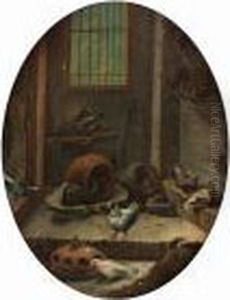 The Interior Of A Dovecote; And A Cockerel And Hens In A Coop by Jacomo (or Victor, Jacobus) Victors