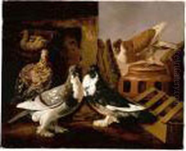 Still Life Of Two Courting
Doves, A Partridge And Her Chicks, And A Further Dove Beyond Perched On A
Jar - view 1