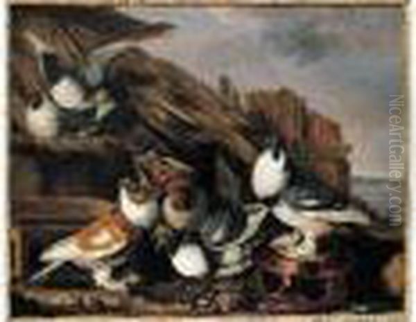 Pigeons S'ebattant Pres D'une Mangeoire De Terre Vernissee - view 1