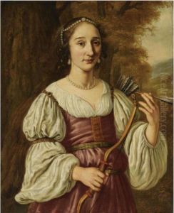 Portrait Of A Young Lady As 
Diana, Standing Half-length, Wearing Ared And White Dress And Pearl 
Jewellery, Holding A Bow Andquiver