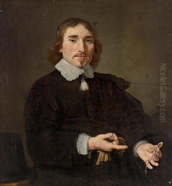 Ritratto Di Uomo Che Indica 
L""""orologio Da Tasca Che Regge In Mano E Di Una Donna Con Il Ventaglio - view 1
