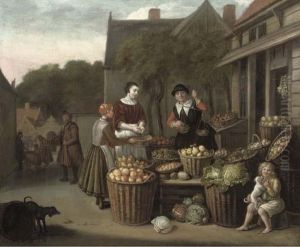 A Woman And Child Purchasing Fruit At A Market