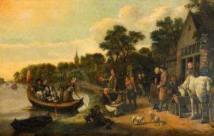 Hollandskt Flodlandskap Med Figurer