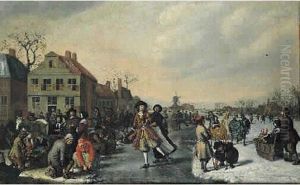 Patineurs Sur Une Riviere Gelee Dans Un Village Hollandais by Jan Victors