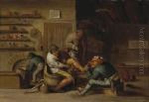 A Cottage Interior With A Foot Surgeon, His Patient And Other Figures by Anthonie Victoryns