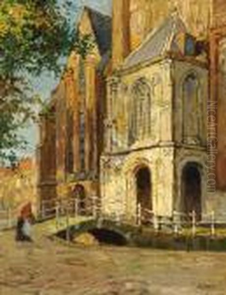An Older Woman On A Bridge By The Church Of Delft - view 1