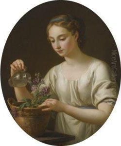 A Young Woman Watering A Pot Of Flowers, "la Jeuneathenienne" by Joseph-Marie Vien