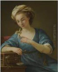 A Young Woman, Dressed A La Grecque, Holding A Canary On Heroutstretched Finger