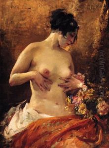 A Female Nude With A Bouquet Of Flowers by Bertalan Vigh