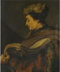Profile Of A Man Wearing A Fur Hat And A Fur-lined Coat, Holding Abook by Claude Vignon