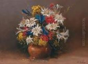 Alpine Flowers With Edelweiss In A Country Vase Alpine Flowers With Edelweiss In A Country Vase