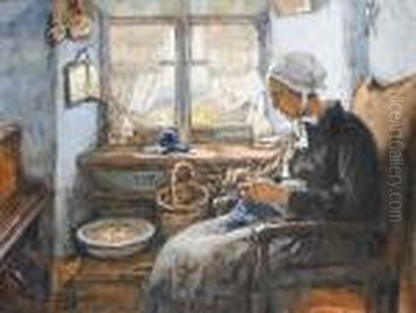 A Woman Knitting In An Interior - view 1