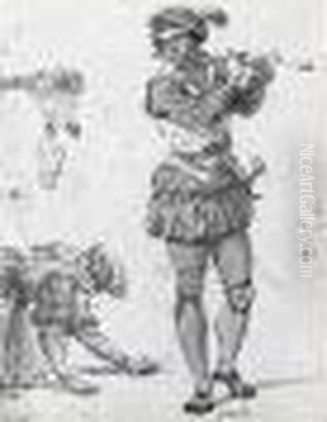 Deux Figures Representant Les 
Mois De Mars Et De Janvier : Jeune Homme Jouant De La Flute Et Femme Un 
Genou A Terre - view 1