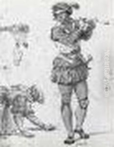 Deux Figures Representant Les 
Mois De Mars Et De Janvier : Jeune Homme Jouant De La Flute Et Femme Un 
Genou A Terre