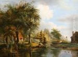 The River Yarewith Cottage, Young Man Fishing From The Bank