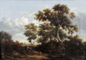 Shepherd Approaching A Ford,farm Buildings, An Open Landscape And Windmill Beyond