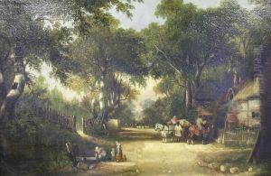 Figures By A Thatched Cottage by George Vincent
