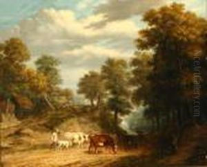 Rural Landscape With Herdsmen And Cows On A Dirtroad