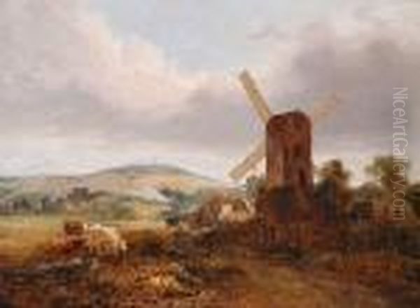 Cattle Grazing Before A Windmill In An Extensive Landscape - view 1