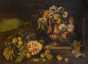 Chrysanthemums, Roses, Orange
Blossom Andother Flowers In An Urn, Melons, Apples, Peaches And Grapes
Beforea Stone Ledge, A View To A Landscape Beyond by Giuseppe Vincenzino