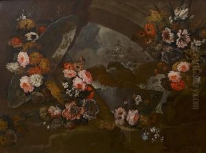 An Eagle In A Stone Bath Surrounded By Garlands Of Flowers Before An Arch