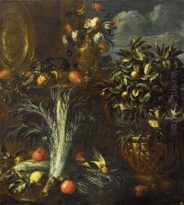 Nature Morte Au Bouquet De Fleurs, Citrons, Oiseaux Et Homard